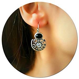 Elegant retro small unique ancient silver retro short statement earrings with black stones