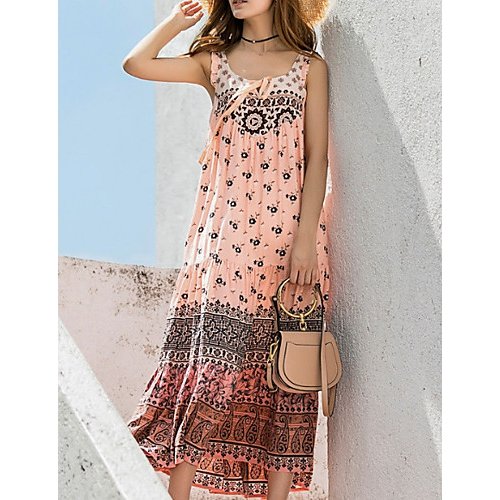 Women Beach loose swing dress U-neck