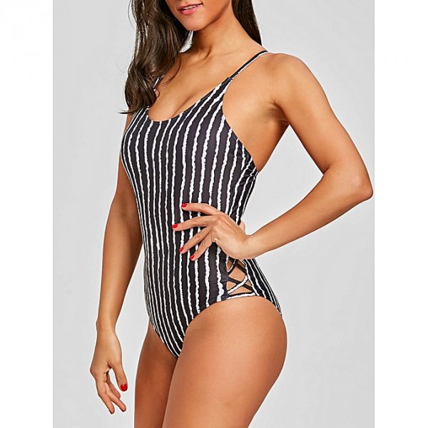 Over the back striped swimsuit - black