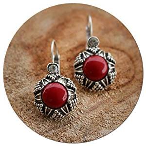 Elegant retro small unique ancient silver retro statement drape-style earrings and Burgundy stone