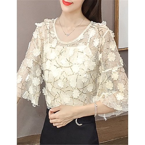 Blouse, solid color round neck