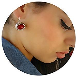 Elegant retro small unique ancient silver retro statement drape-style earrings and Burgundy stone