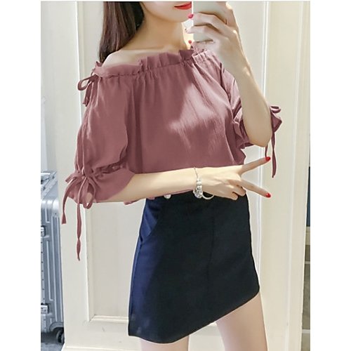 Women go out big yards loose shirt, flounced solid color boat neck