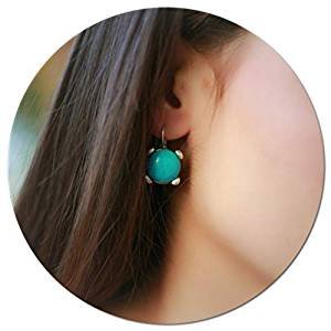 Elegant retro small unique antique silver turquoise stone statement vintage round earrings