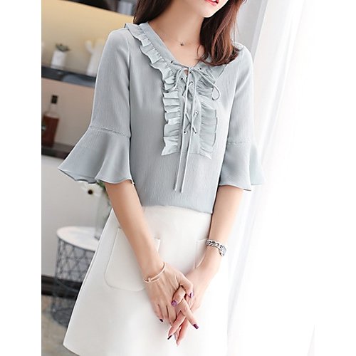 Women basic shirt, solid color ruffles, lace